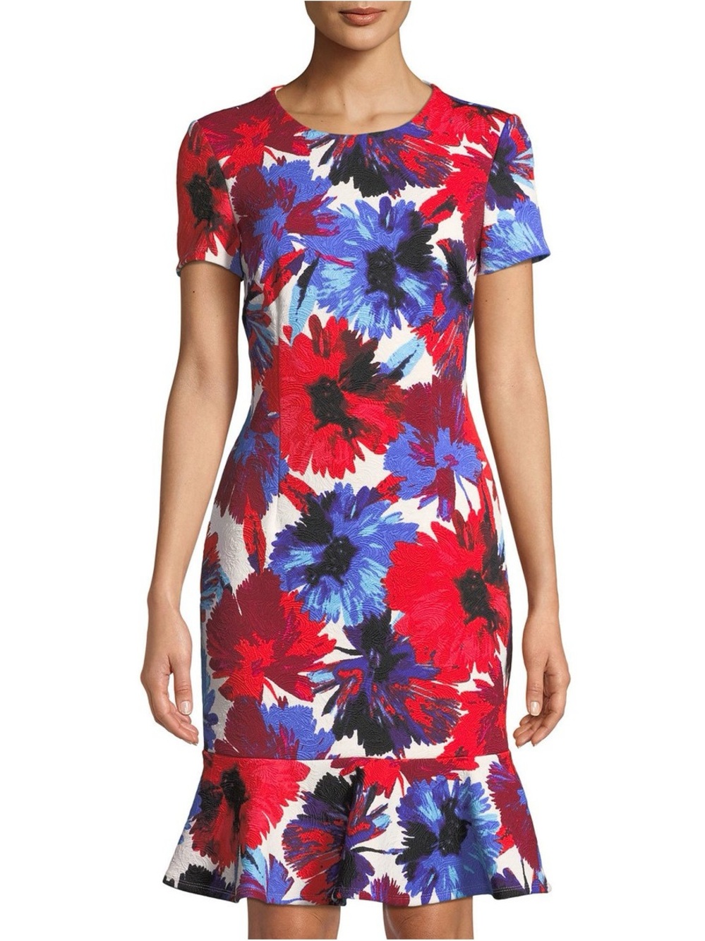 Maggy London Floral Print Short Sleeve Sheath Dress in Red & Blue